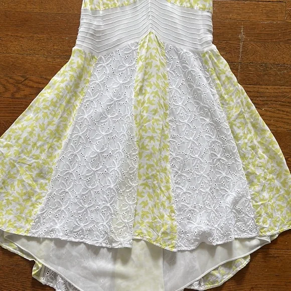 ANTHROPOLOGIE LEIFNOTES Yellow Bird Print Midi Patchwork Eyelet Lace Boho Dress - Picture 5 of 13